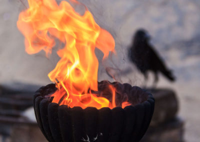 Ein Feuerkelch und ein pechschwarzer Rabe. Fehlt nur noch eine alte Hexe ;-)
