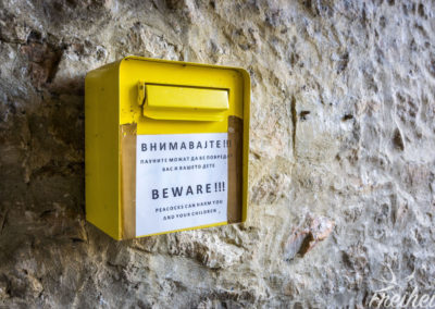 "Vorsicht! Pfauen können Sie und Ihre Kinder verletzen." Diese Warnung kommt mitten auf dem Geländer nachdem die Besucher schon Dutzende Pfauen gesehen haben ^^